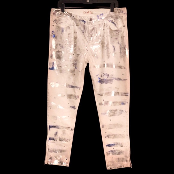 OP/Customized Denim - White Stretch Denim Silver Blue Metallic Foil Silver Studs Size 15 W34 X L26 NEW